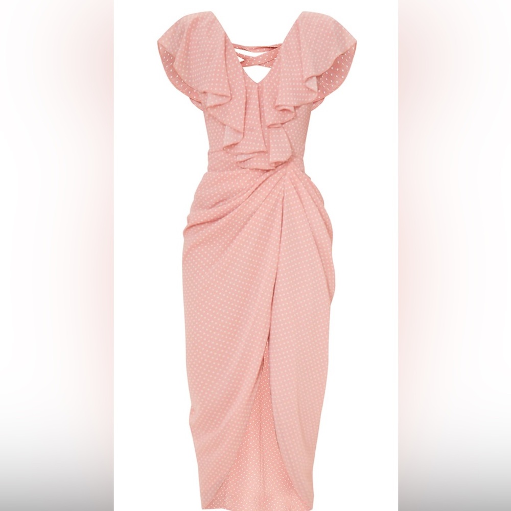 Pink Polka Dot Draped Lace Up Back Midi Dress